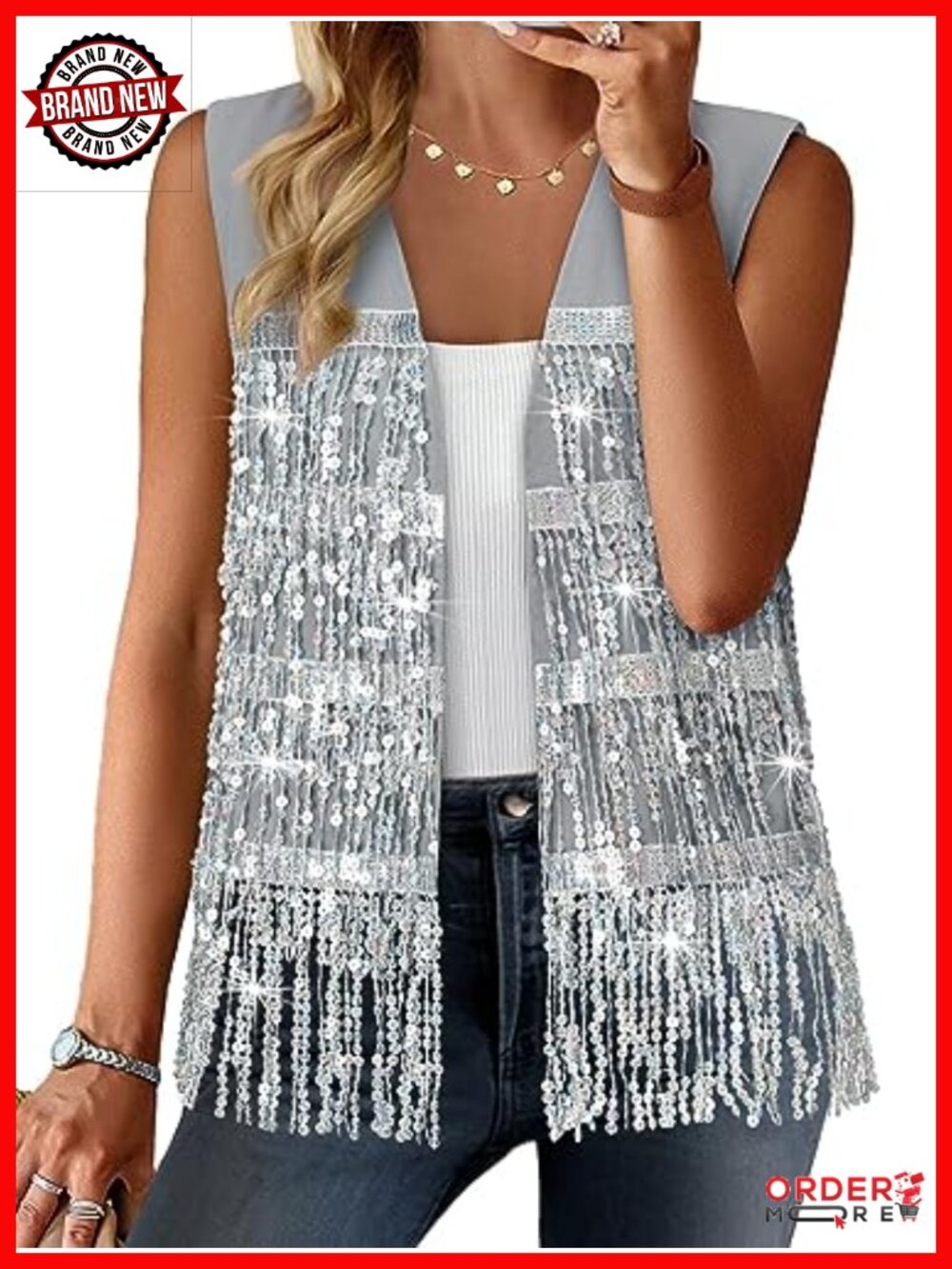 Sequin Fringe Sleeveless Vest Lightweight Fitted Jacket Cardigan Festival